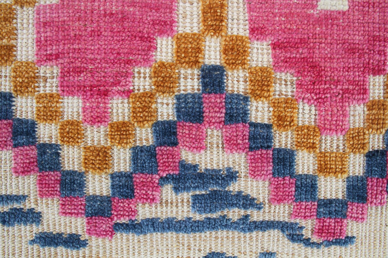 Hand-Knotted Pink & Blue Geometric Wool Rug | Boho Area Carpet