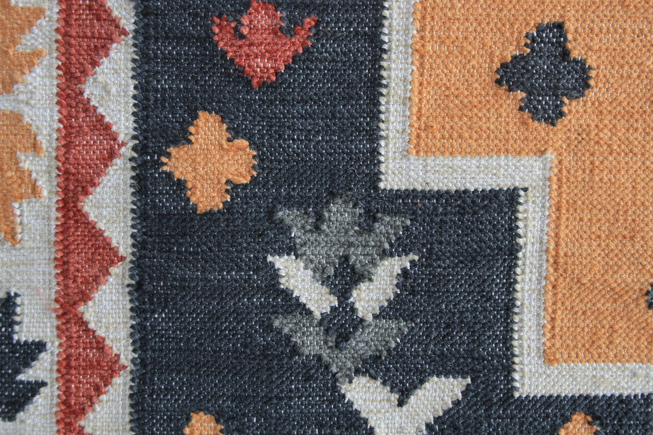 Hand-Knotted Oriental Wool Rug in Rust Orange & Charcoal