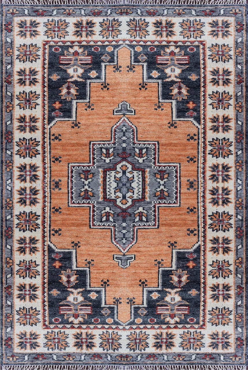 Hand-Knotted Oriental Wool Rug in Rust Orange & Charcoal