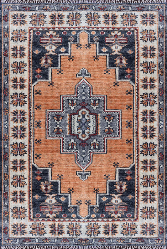 Hand-Knotted Oriental Wool Rug in Rust Orange & Charcoal