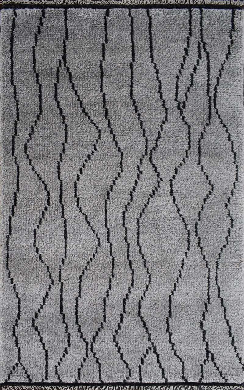 Hand-Knotted Grey Wool Rug with Geometric Wavy Lines