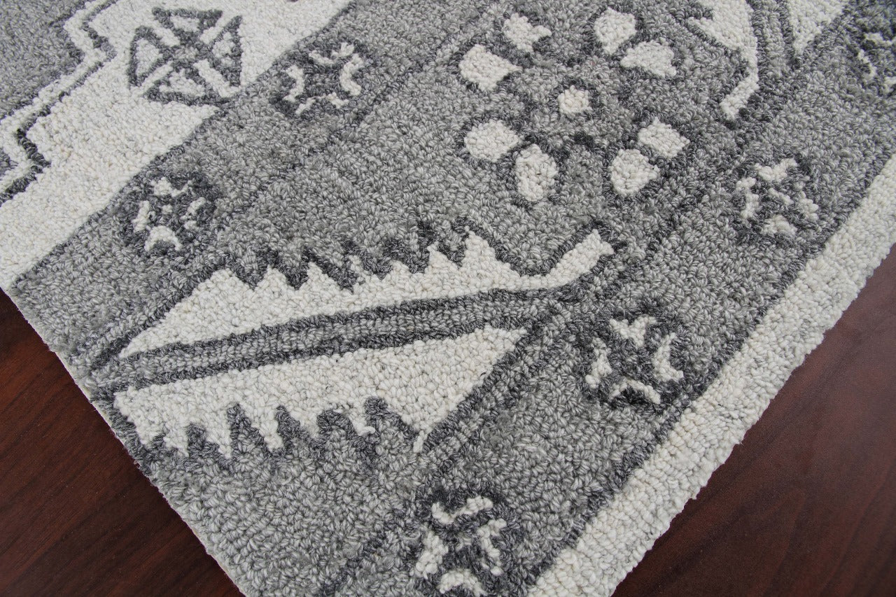 Hand-Knotted Grey & White Oriental Wool Rug | Geometric Oushak