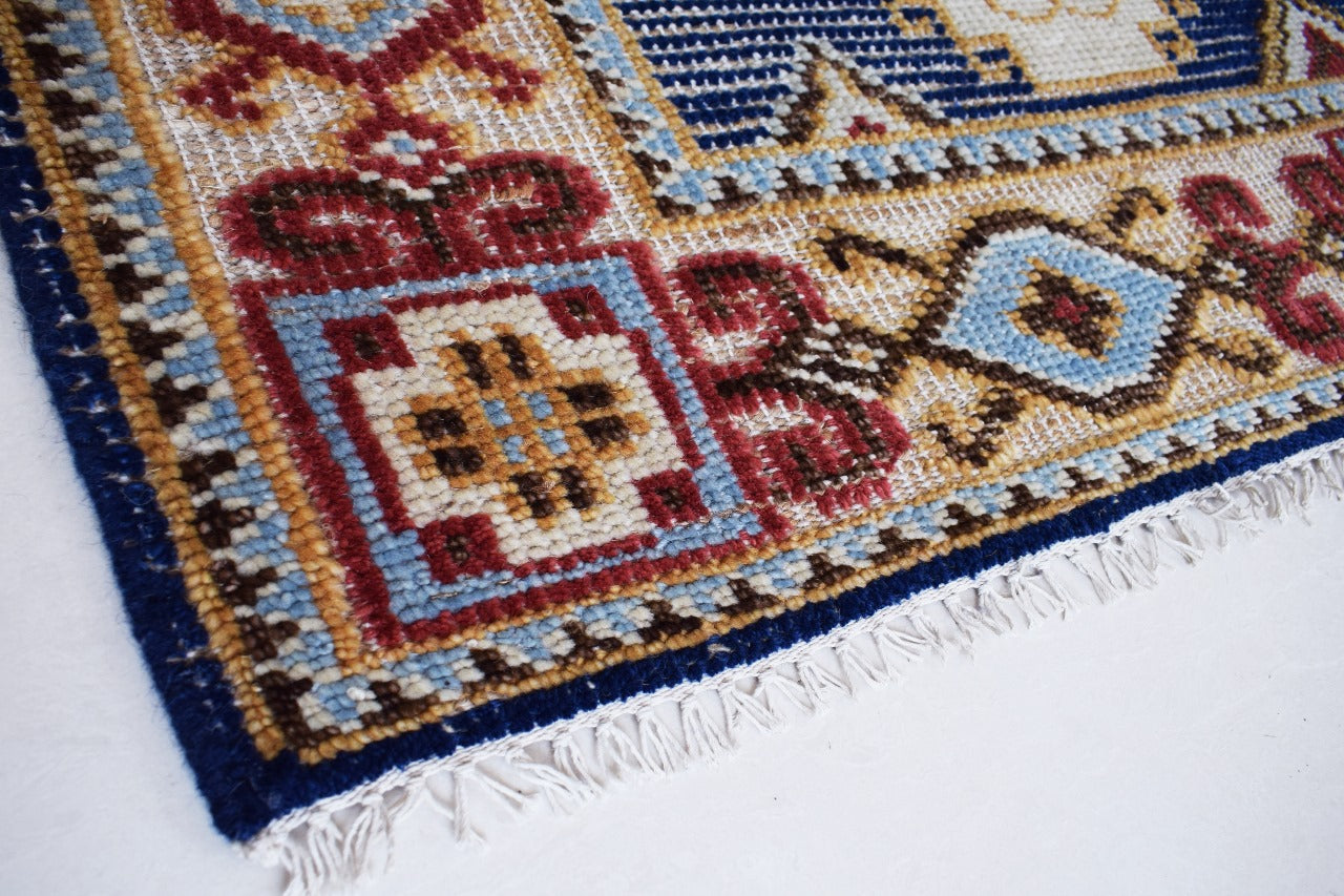Hand-Knotted Wool Oriental Rug – Blue Red Geometric Design