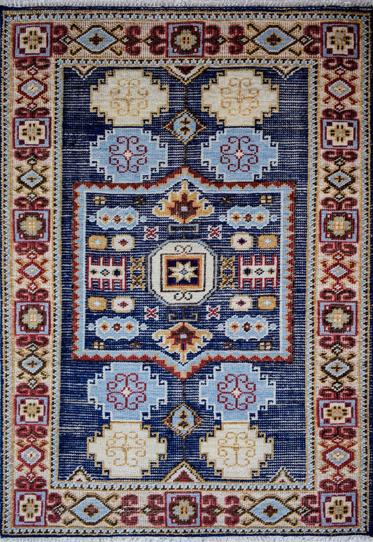 Hand-Knotted Wool Oriental Rug – Blue Red Geometric Design
