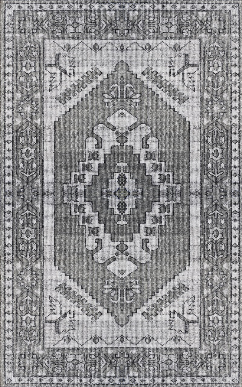 Hand-Knotted Grey & White Oriental Wool Rug | Geometric Oushak