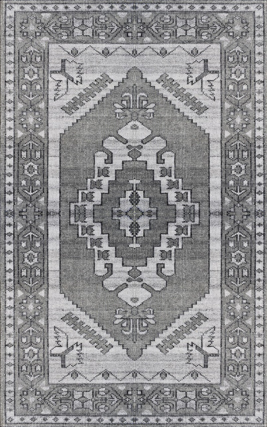 Hand-Knotted Grey & White Oriental Wool Rug | Geometric Oushak