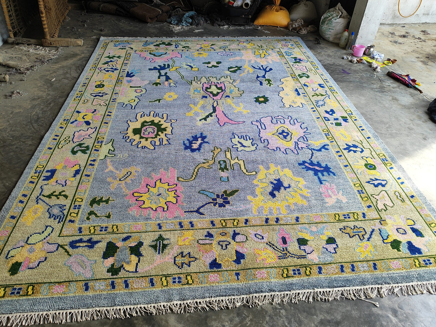 Indo Oushak Hand-Knotted Wool Rug – Blue Floral Vintage Carpet