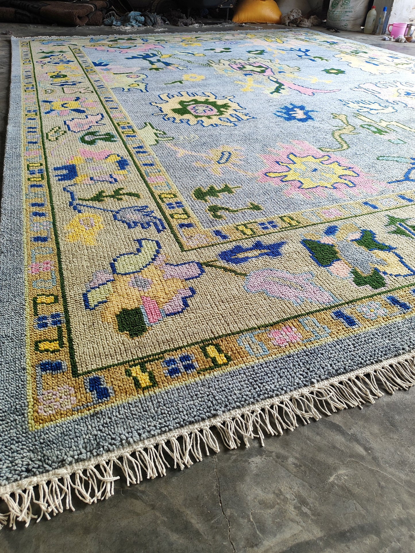Indo Oushak Hand-Knotted Wool Rug – Blue Floral Vintage Carpet
