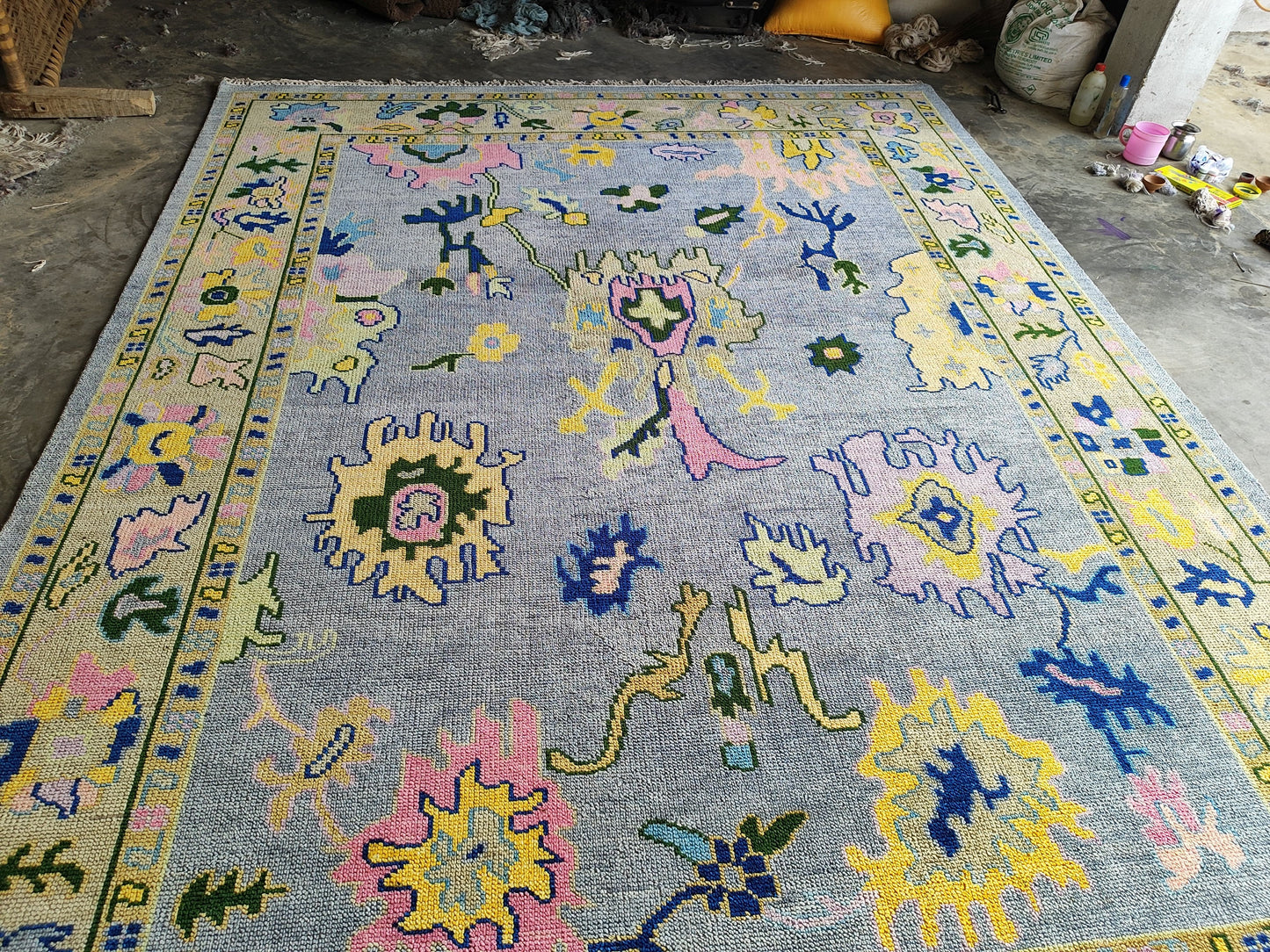 Indo Oushak Hand-Knotted Wool Rug – Blue Floral Vintage Carpet