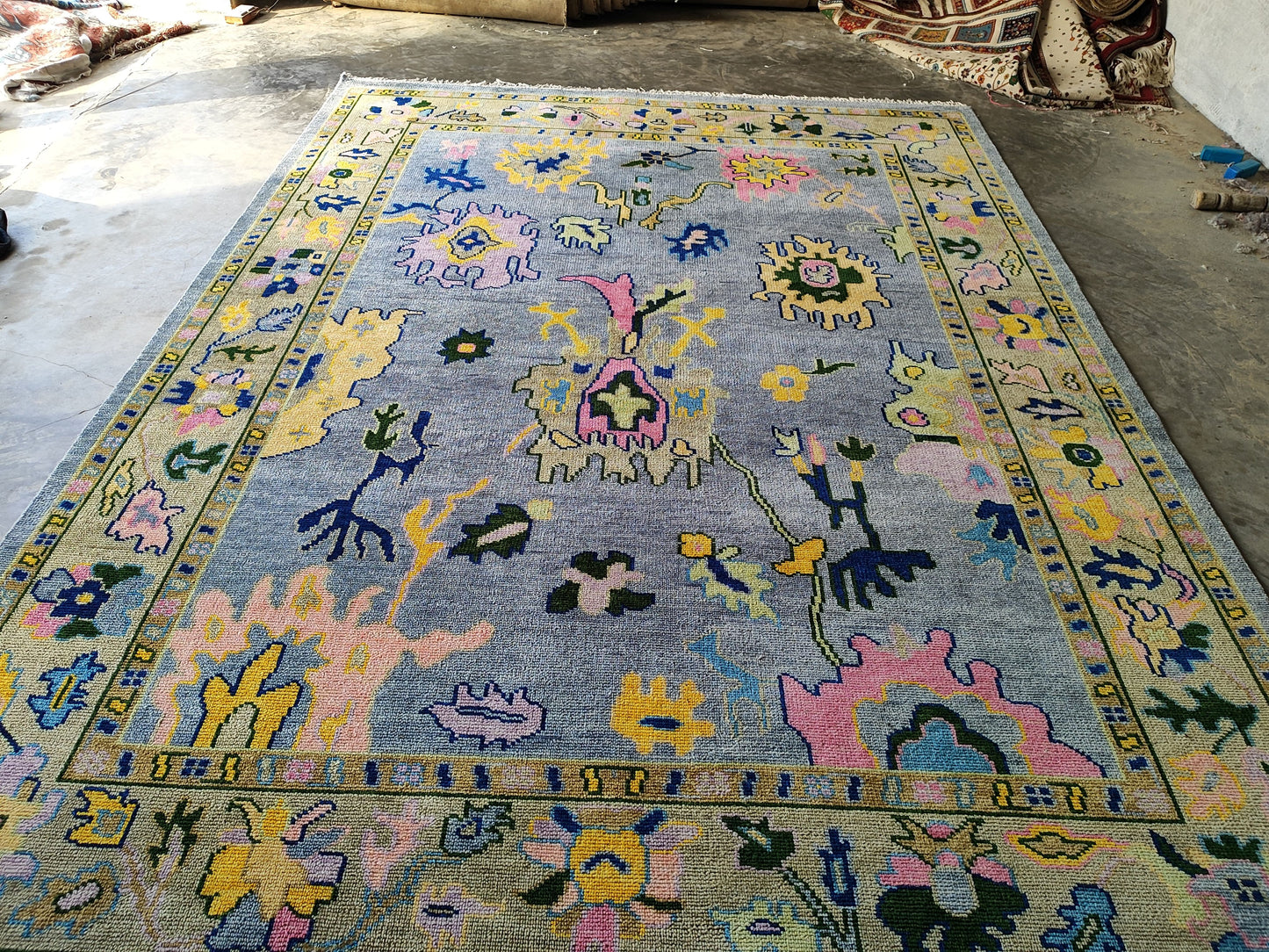 Indo Oushak Hand-Knotted Wool Rug – Blue Floral Vintage Carpet