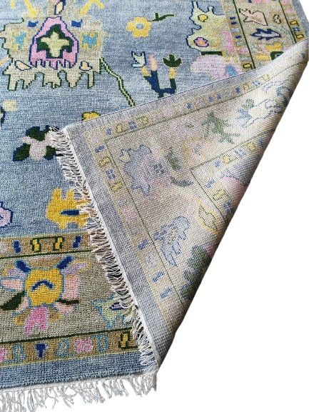 Indo Oushak Hand-Knotted Wool Rug – Blue Floral Vintage Carpet