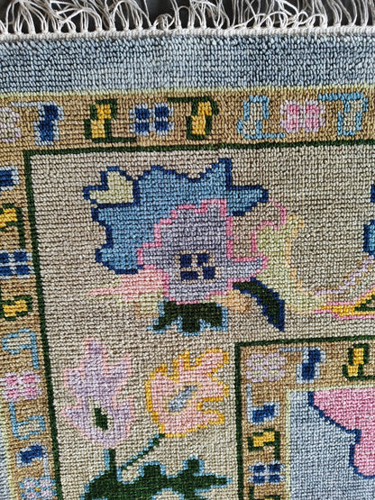 Pink & Blue Indo Oushak Hand-Knotted Wool Rug – Vintage Floral