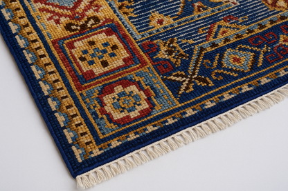 Hand-Knotted Wool Oriental Rug – Blue Red Geometric Design