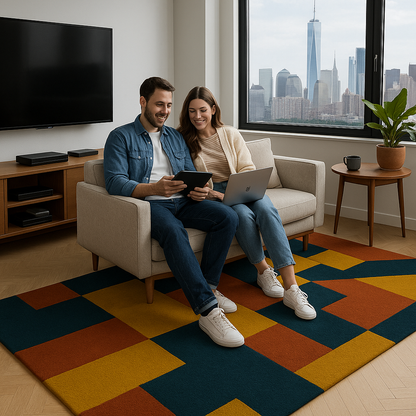 Modern Geometric Tufted Wool Rug – Blue Mustard Abstract Carpet