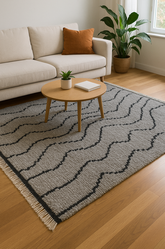 Hand-Knotted Grey Wool Rug with Geometric Wavy Lines