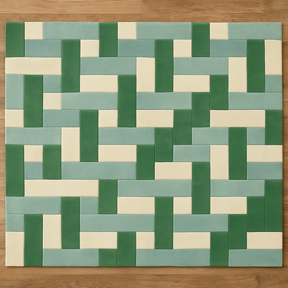 Top view of modern green geometric wool rug on wooden floor