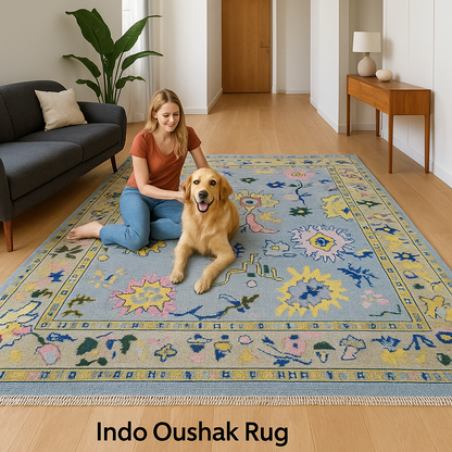 Indo Oushak Hand-Knotted Wool Rug – Blue Floral Vintage Carpet