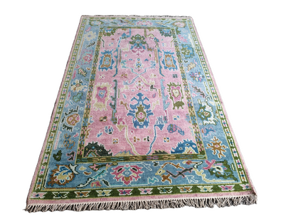Pink & Blue Indo Oushak Hand-Knotted Wool Rug – Vintage Floral