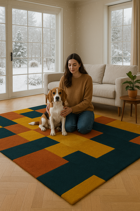 Modern Geometric Tufted Wool Rug – Blue Mustard Abstract Carpet