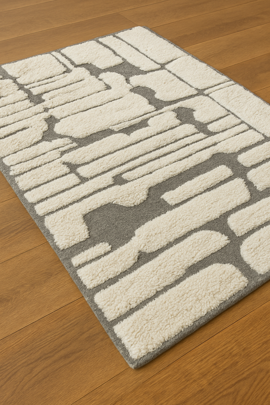Modern Hand-Knotted Wool Rug – White & Gray Abstract Area Carpet