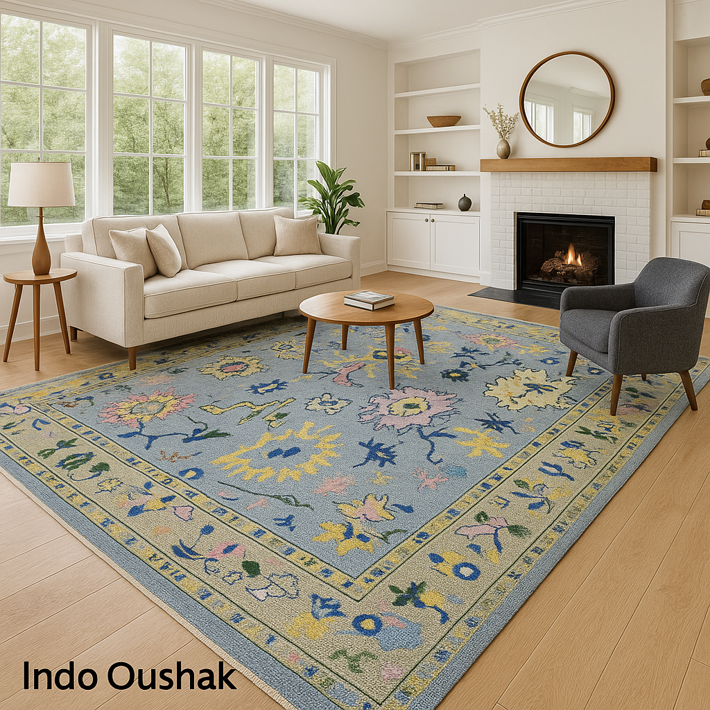 Indo Oushak Hand-Knotted Wool Rug – Blue Floral Vintage Carpet
