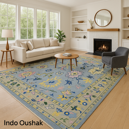 Indo Oushak Hand-Knotted Wool Rug – Blue Floral Vintage Carpet