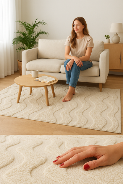 Hand-Knotted Wool Area Rug – Abstract Cream Modern Living Room Carpet