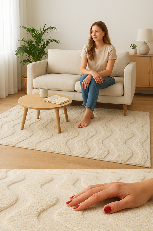 Hand-Knotted Wool Area Rug – Abstract Cream Modern Living Room Carpet
