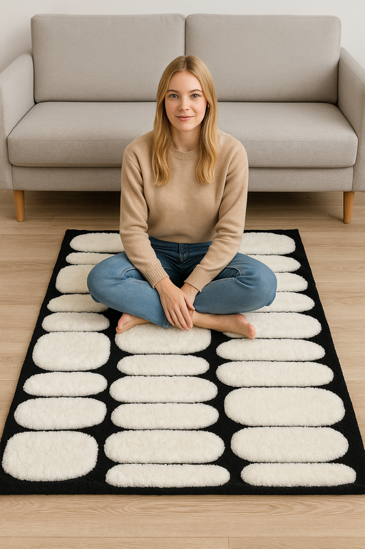 Modern Hand-Knotted Wool Rug – Black & White Geometric Area Carpet