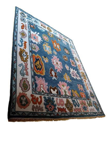 Hand-Knotted Indo Oushak Wool Rug – Blue Pastel Tribal Floral