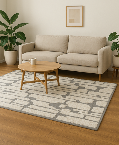 Modern Hand-Knotted Wool Rug – White & Gray Abstract Area Carpet