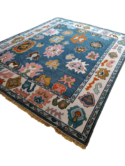 Hand-Knotted Indo Oushak Wool Rug – Blue Pastel Tribal Floral