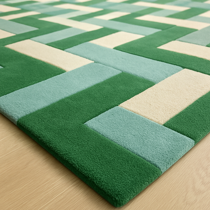 Geometric patterned rug with green, blue, and beige colors on a wooden floor.