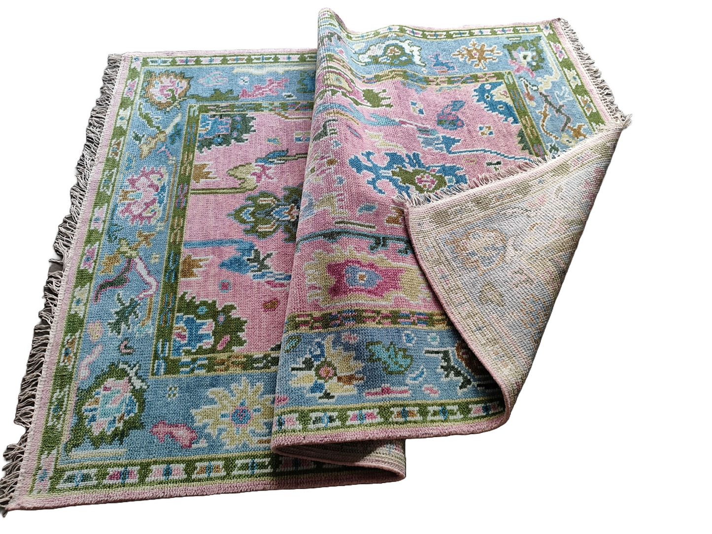 Pink & Blue Indo Oushak Hand-Knotted Wool Rug – Vintage Floral