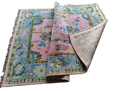 Pink & Blue Indo Oushak Hand-Knotted Wool Rug – Vintage Floral