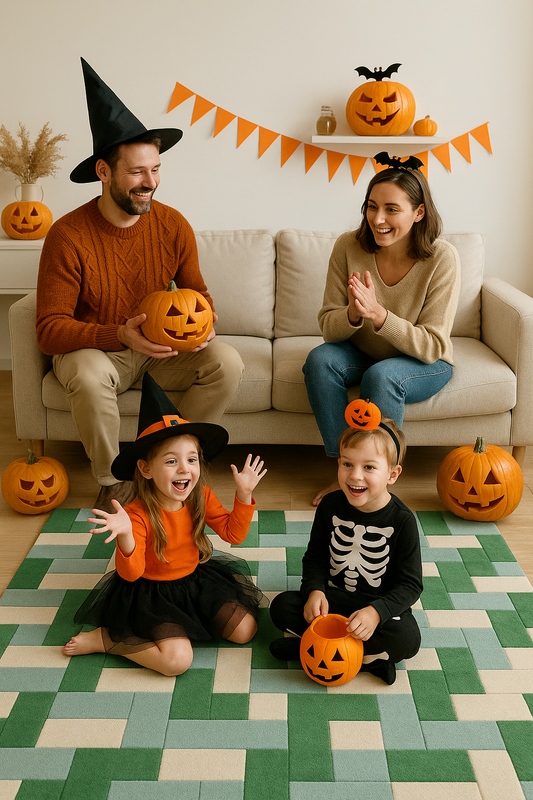 Halloween family celebration with rug in drawing room