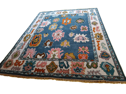 Hand-Knotted Indo Oushak Wool Rug – Blue Pastel Tribal Floral