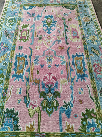 Pink & Blue Indo Oushak Hand-Knotted Wool Rug – Vintage Floral