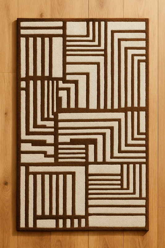 Geometric patterned rug on a wooden floor