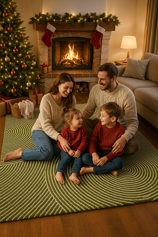 Hand-tufted wool rug in olive green with cream circle design