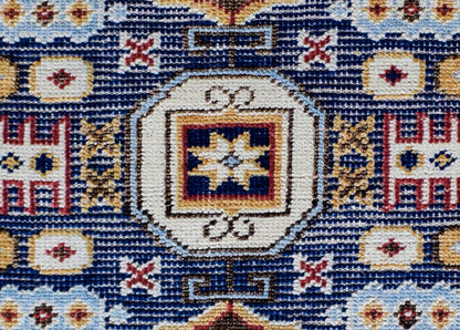 Hand-Knotted Wool Oriental Rug – Blue Red Geometric Design