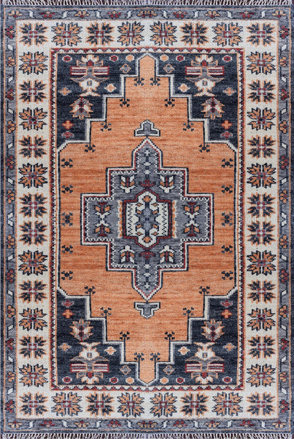 Hand-Knotted Oriental Wool Rug in Rust Orange & Charcoal