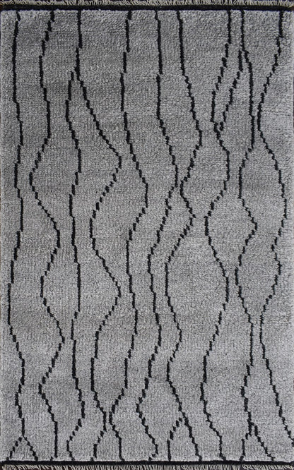 Hand-Knotted Grey Wool Rug with Geometric Wavy Lines