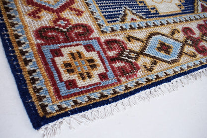 Hand-Knotted Wool Oriental Rug – Blue Red Geometric Design