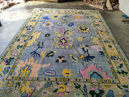 Indo Oushak Hand-Knotted Wool Rug – Blue Floral Vintage Carpet
