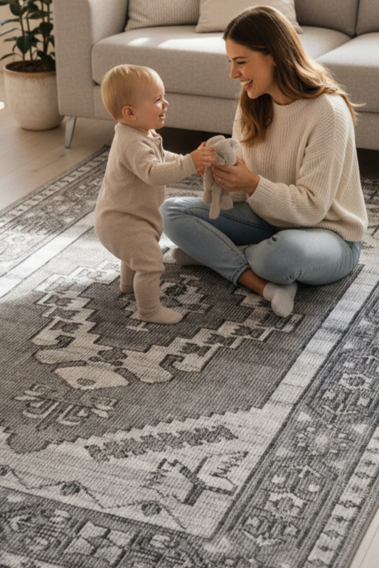 Hand-Knotted Grey & White Oriental Wool Rug | Geometric Oushak